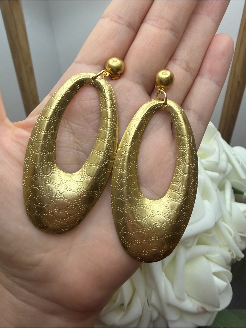 Gold Textured Oval Drop Earrings - Women Jewelry